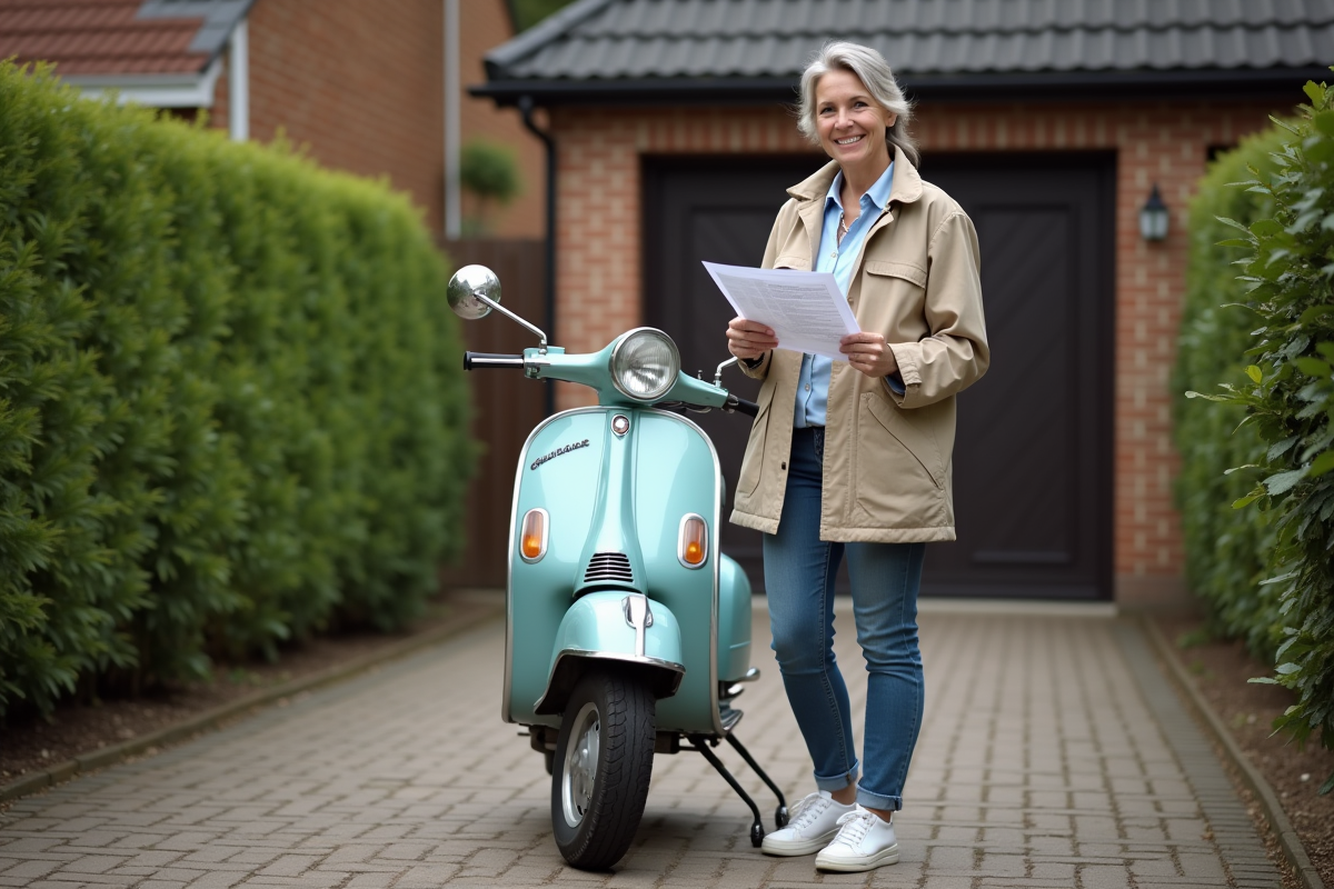 Femme souriante avec scooter vintage dans une allée de banlieue