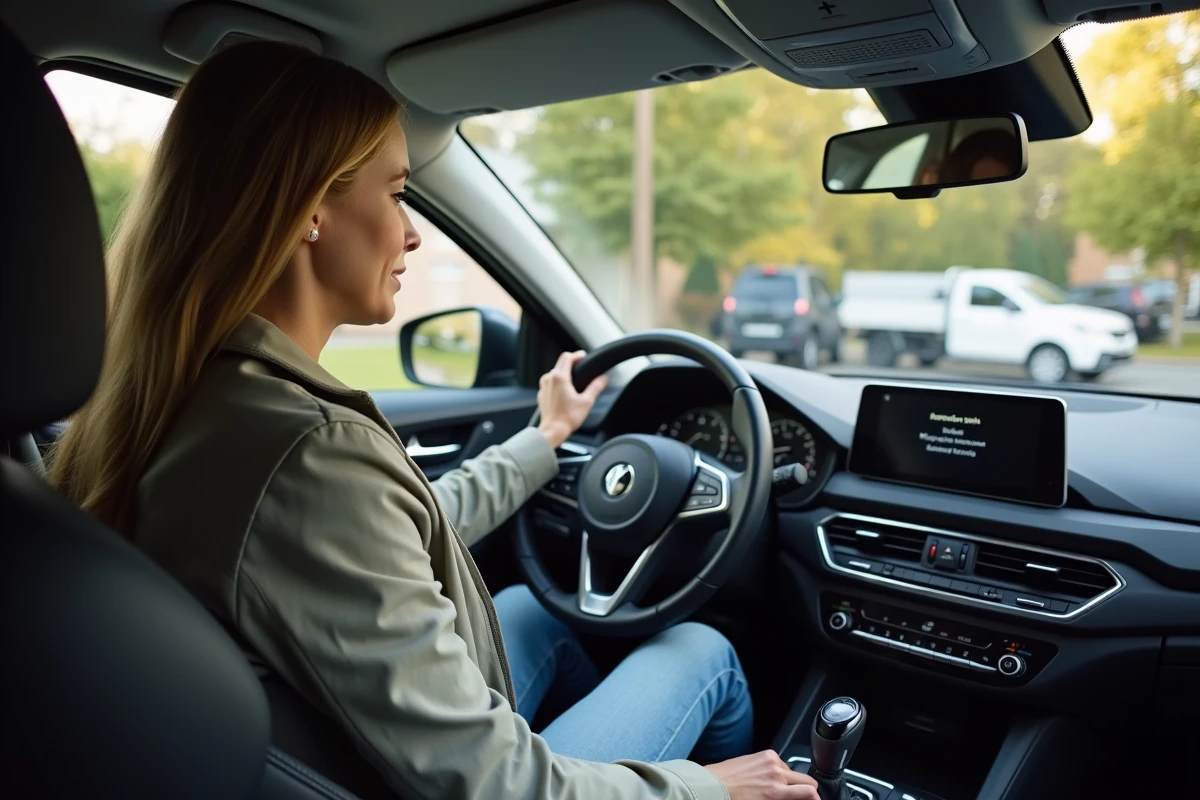Femme examinant le tableau de bord d
