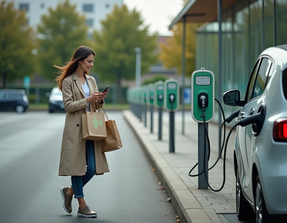 Femme se dirigeant vers sa voiture électrique en charge sur une borne Carrefour tout en regardant son smartphone