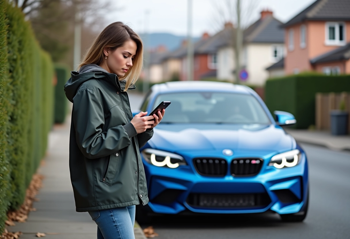 Jeune femme vérifiant les données de sa voiture sportive avec son smartphone