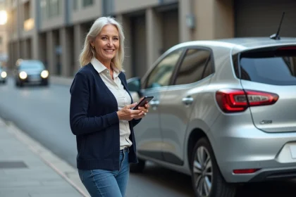 Femme souriante à côté d'une voiture urbaine moderne