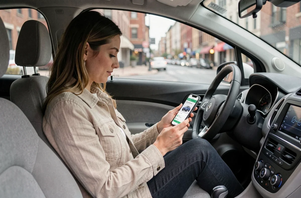 Femme au volant d'une voiture compacte consultant une application d'assurance auto kilométrique sur son smartphone