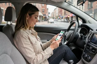 Femme au volant d'une voiture compacte consultant une application d'assurance auto kilométrique sur son smartphone