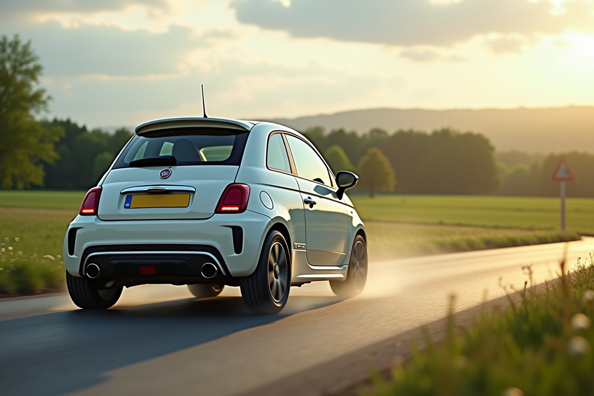 Fiat 500 en mouvement sur route de campagne avec pneu dégonflé