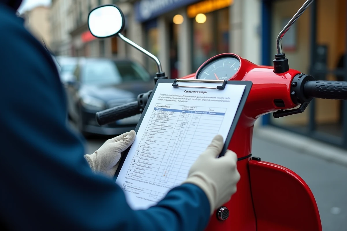 Gros plan sur une fiche de contrôle technique scooter tenue par un technicien agréé avec tarification visible