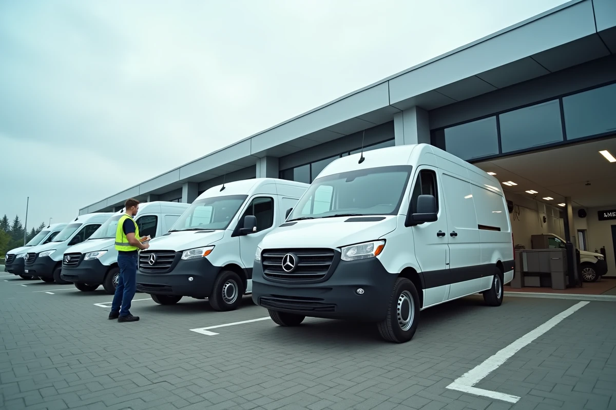 Flotte de véhicules utilitaires d'entreprise alignés devant un centre de contrôle technique DEKRA pour inspection groupée