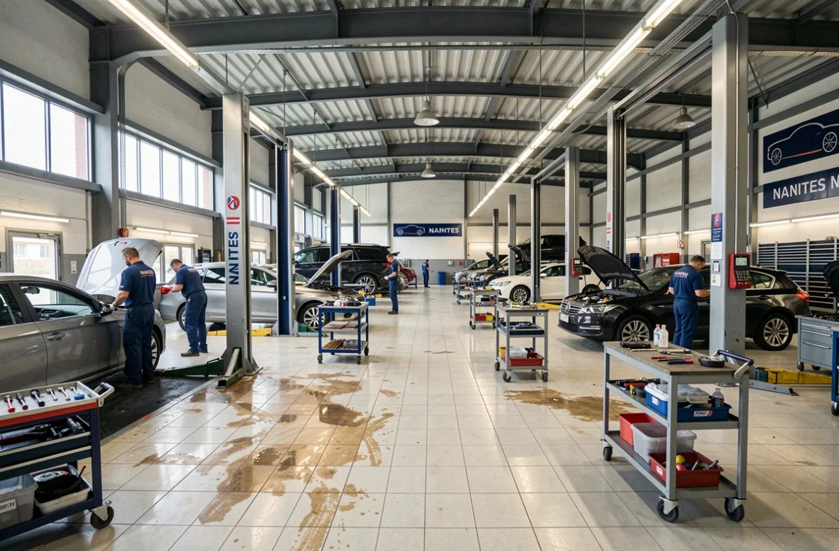 Vue panoramique d'un garage automobile professionnel à Nantes avec plusieurs mécaniciens au travail sur différents véhicules