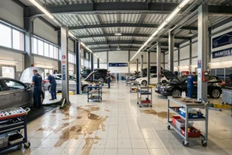 Vue panoramique d'un garage automobile professionnel à Nantes avec plusieurs mécaniciens au travail sur différents véhicules