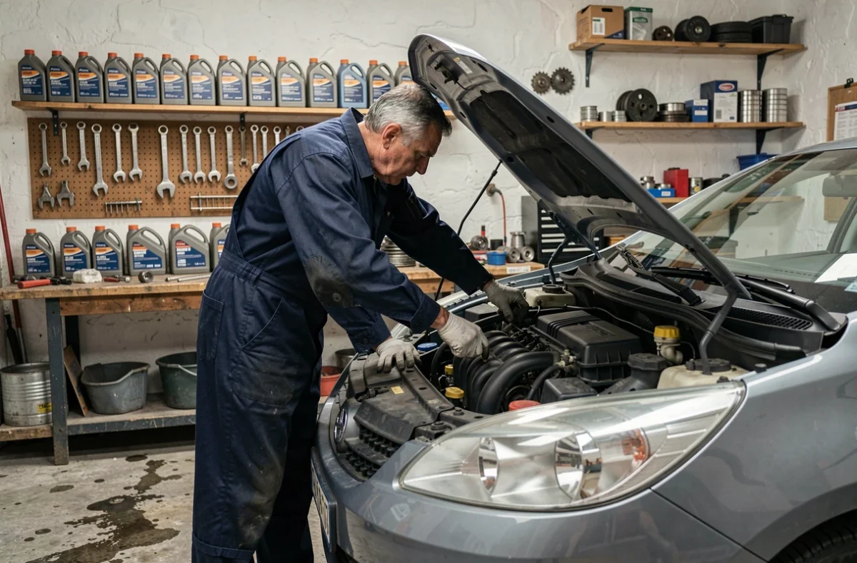 Mécanicien inspectant le moteur d'une voiture au garage multimarque BCM 87 à La Jonchère-Saint-Maurice