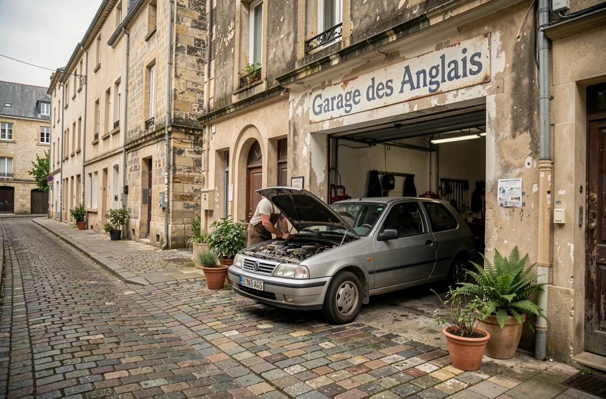 Mécanicien travaillant sous le capot d'une voiture devant la façade de proximité du Garage des Anglais à Nantes