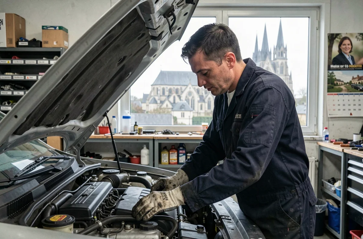 Mécanicien au travail sur un moteur dans l'atelier du Garage Dorard à Sées