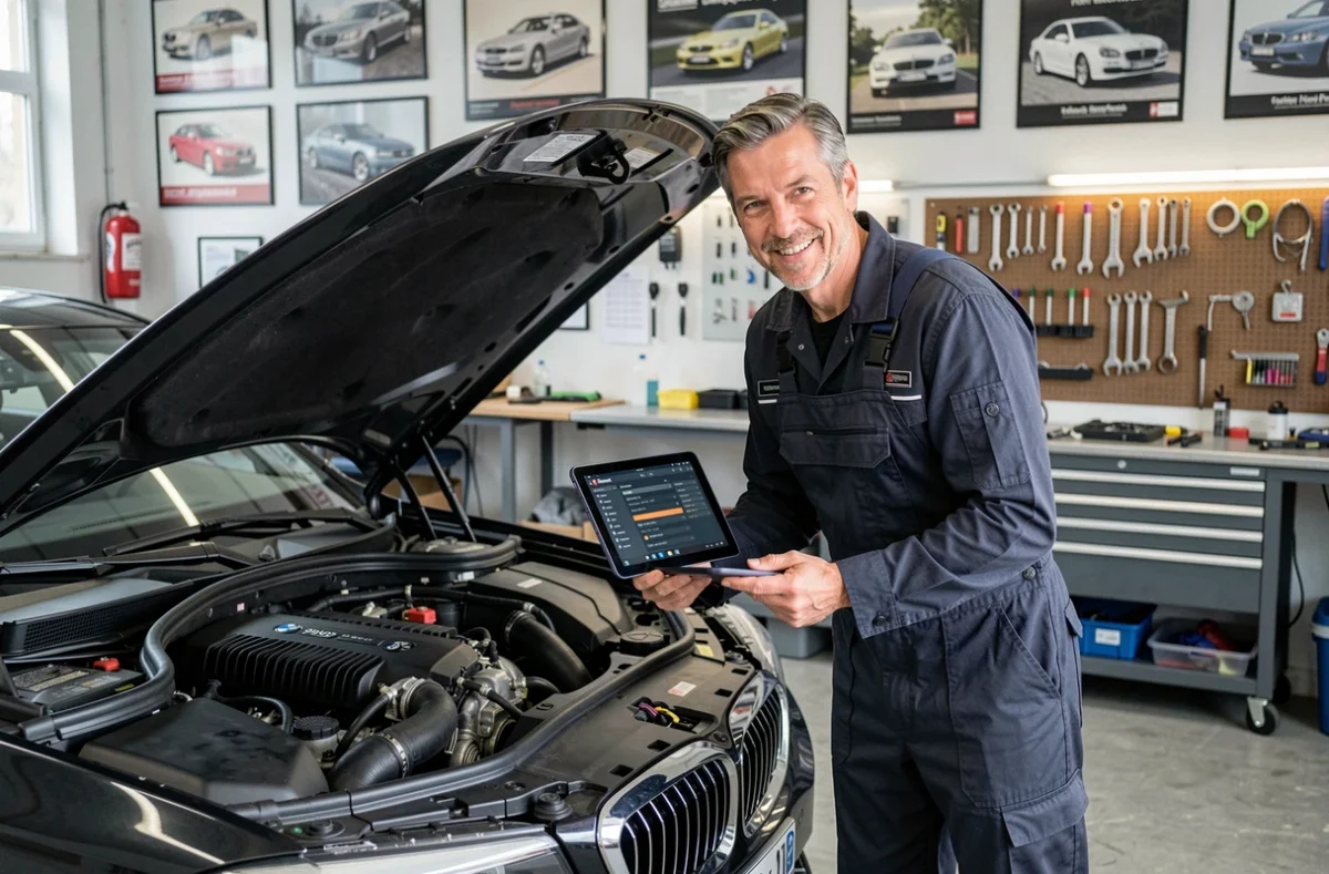 Mécanicien spécialiste inspectant le moteur d'une berline allemande au Garage German Legends en Haute-Vienne