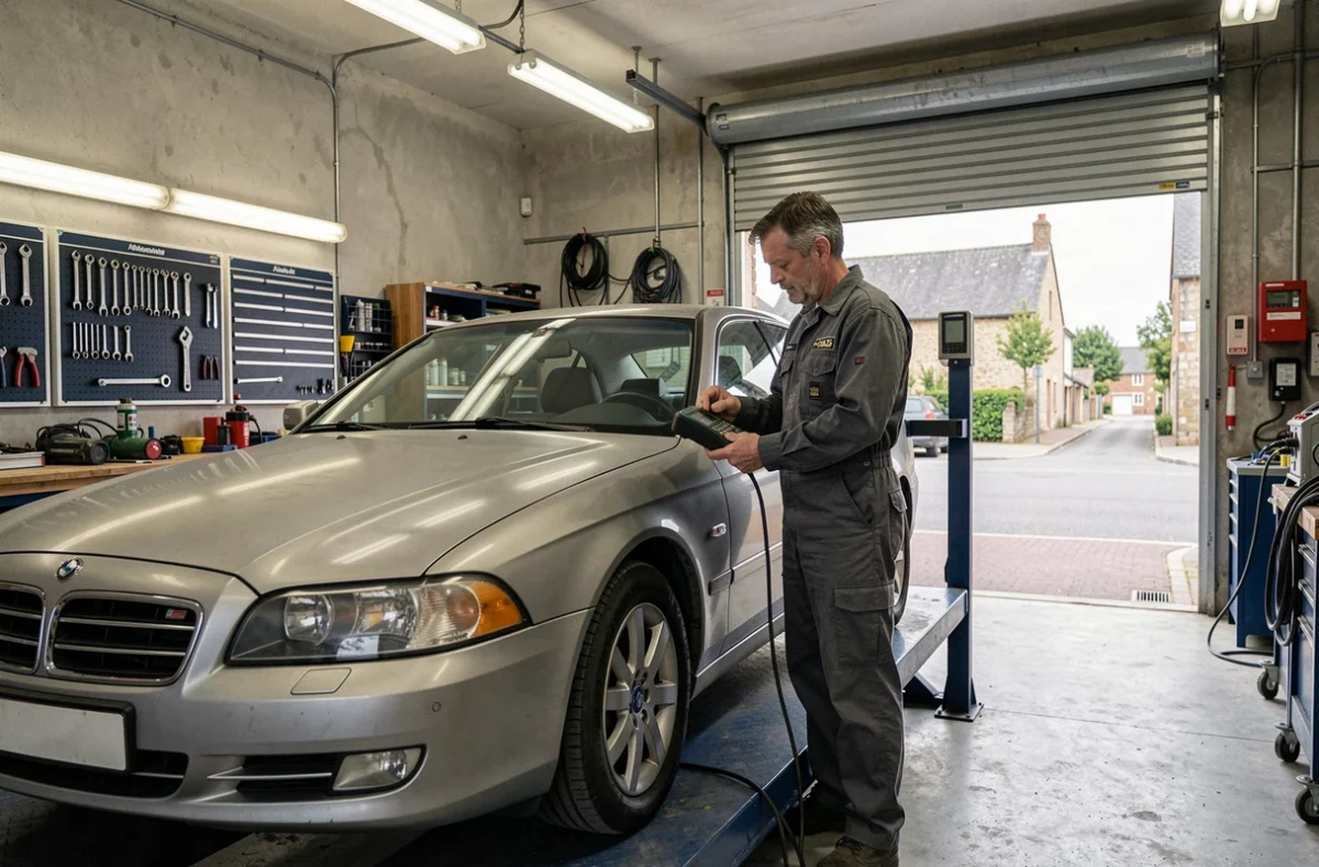 Mécanicien utilisant un outil de diagnostic sur une voiture surélevée au Garage Grandin à L'Aigle