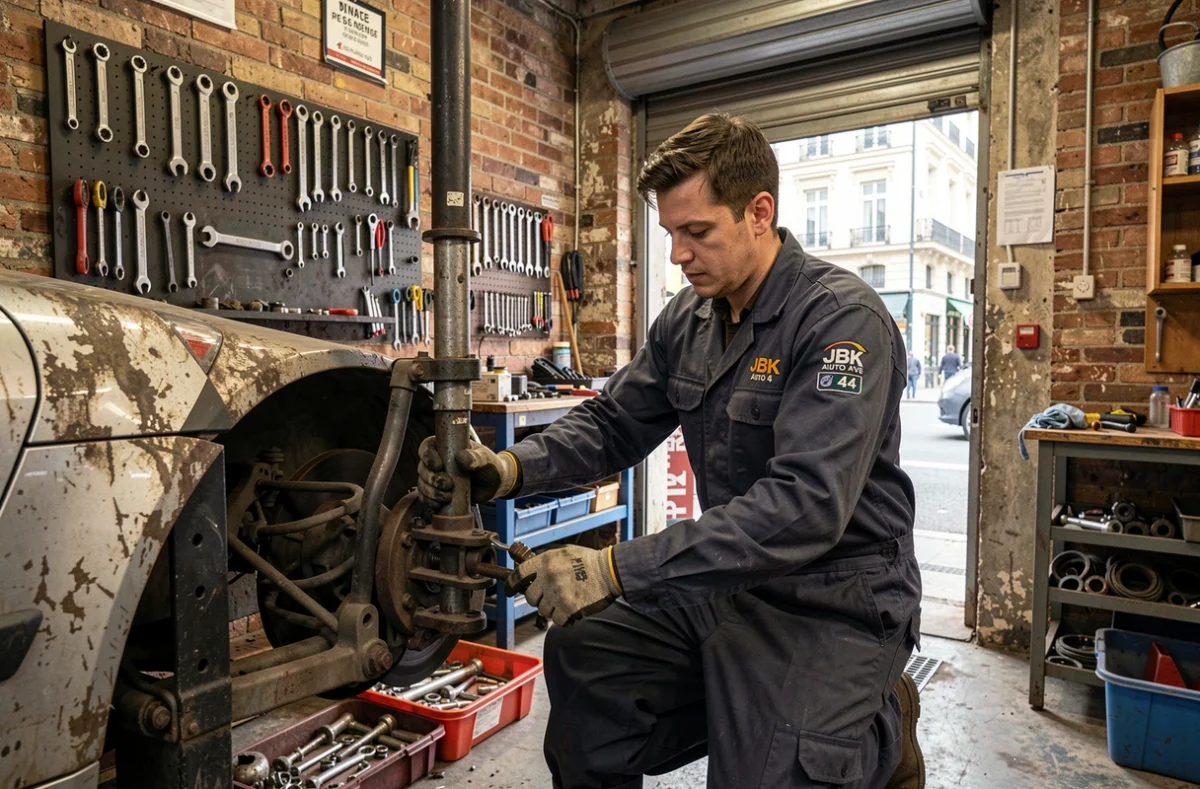 Mécanicien du garage JBK Auto 44 travaillant sur la suspension d'un véhicule surélevé dans un atelier compact au centre de Nantes