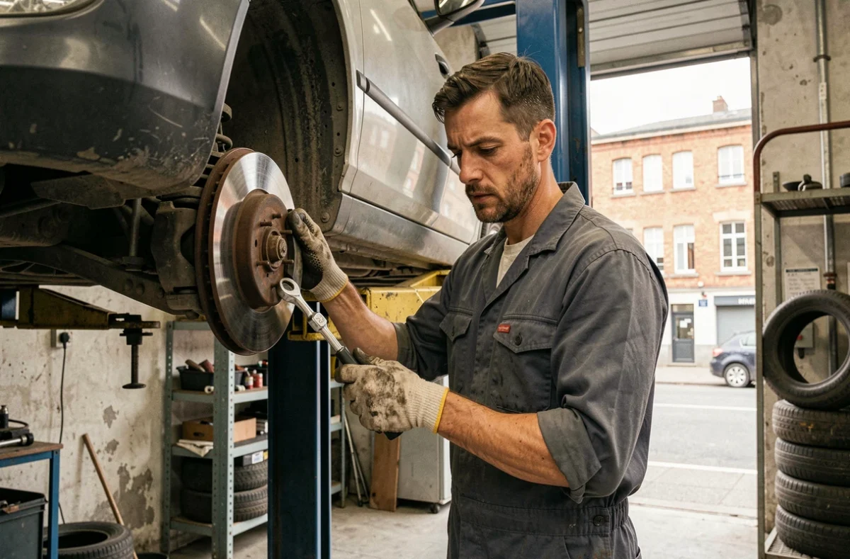 Mécanicien travaillant sur le système de freinage d'un véhicule au Garage Leobet Montjovis à Limoges