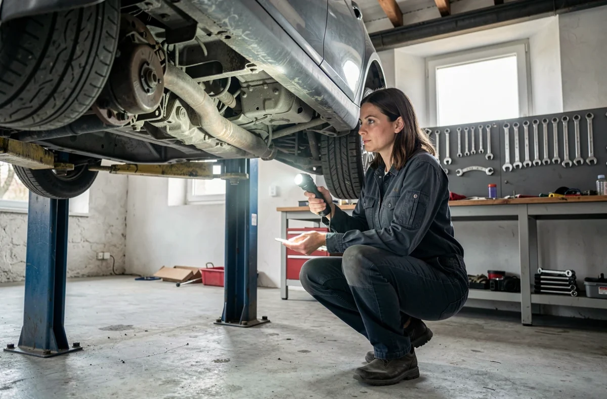 Technicienne examinant le dessous d'un véhicule à l'atelier mécanique Garage Lyda à Cognac-la-Forêt
