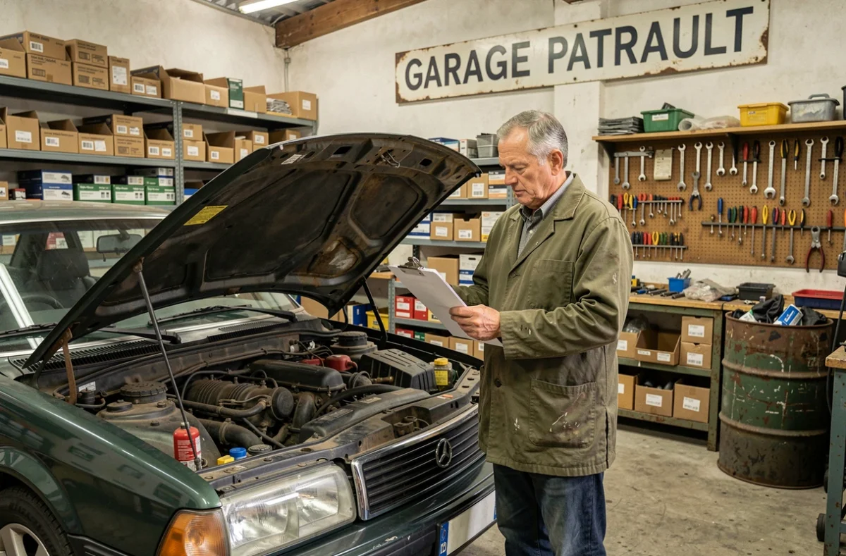 Mécanicien expérimenté du Garage Patrault consultant un bon de réparation devant une voiture ouverte dans l'atelier indépendant multimarque à Nantes