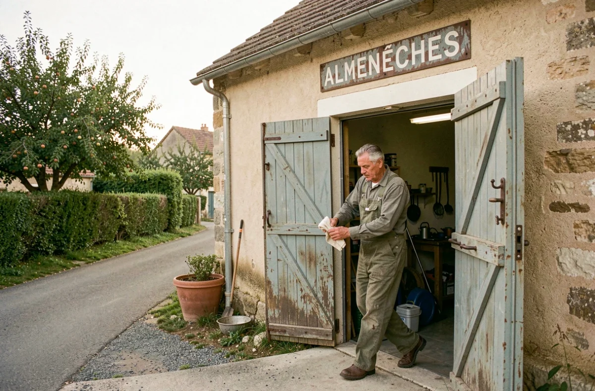 Mécanicien devant le Garage Ripaux à Almenêches en pleine campagne normande