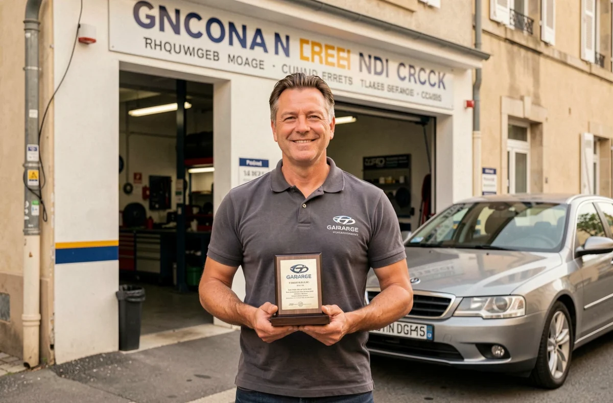 Propriétaire du Garage Vallaud tenant une récompense devant son établissement aux Grands-Chézeaux