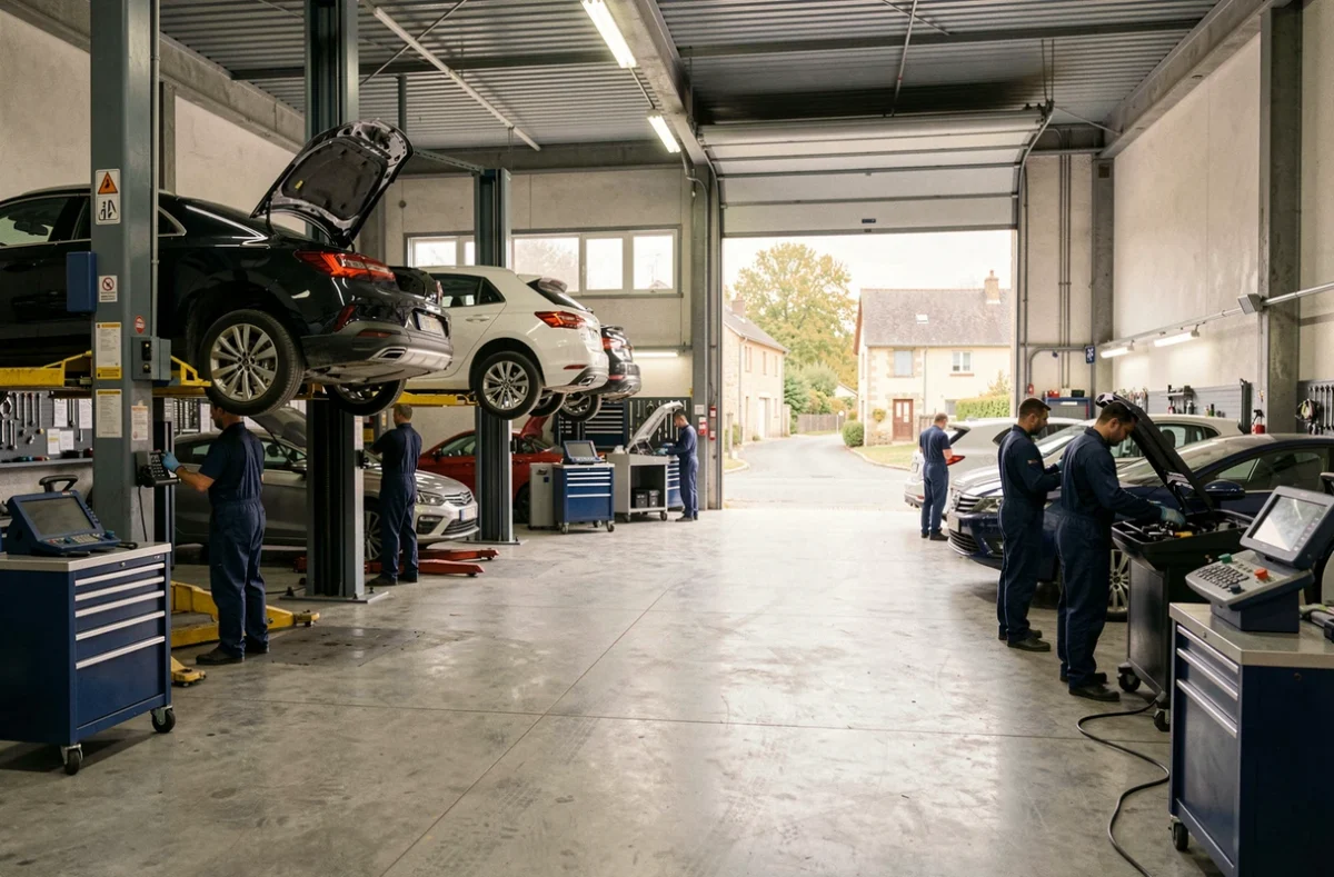 Vue panoramique d'un garage automobile en Haute-Vienne avec des mécaniciens travaillant sur plusieurs véhicules