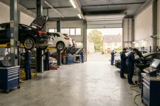Vue panoramique d'un garage automobile en Haute-Vienne avec des mécaniciens travaillant sur plusieurs véhicules