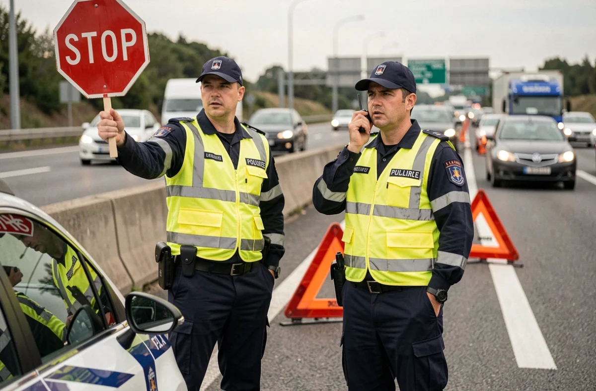 Gendarmes en gilets jaunes gérant la circulation sur le périphérique toulousain