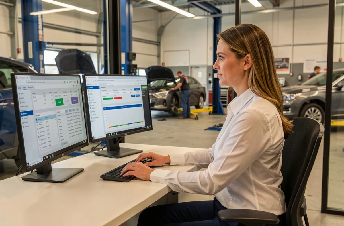 Gérante de garage analysant les données intégrées d'un DMS depuis son bureau de direction