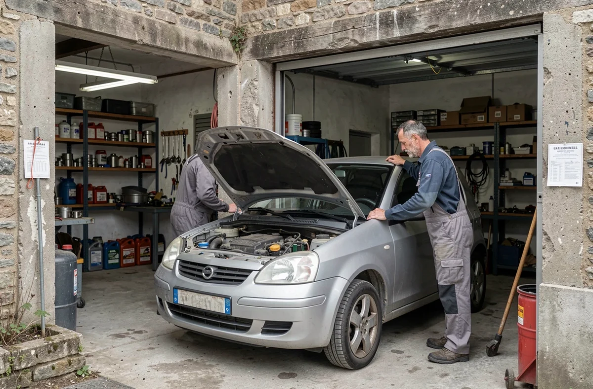 Technicien au travail sous le capot d'une voiture au garage GLH Auto aux Aspres