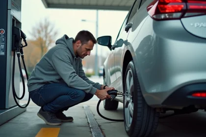Homme gonflant un pneu de voiture à une station-service moderne avec une borne de gonflage à affichage numérique