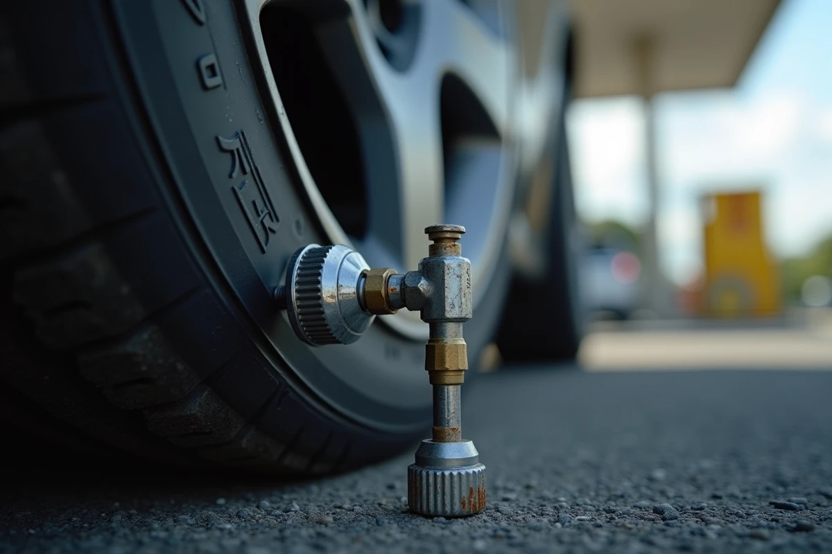 Gros plan sur une valve de pneu avec manomètre analogique affichant 2.4 bar lors d'un gonflage à la station