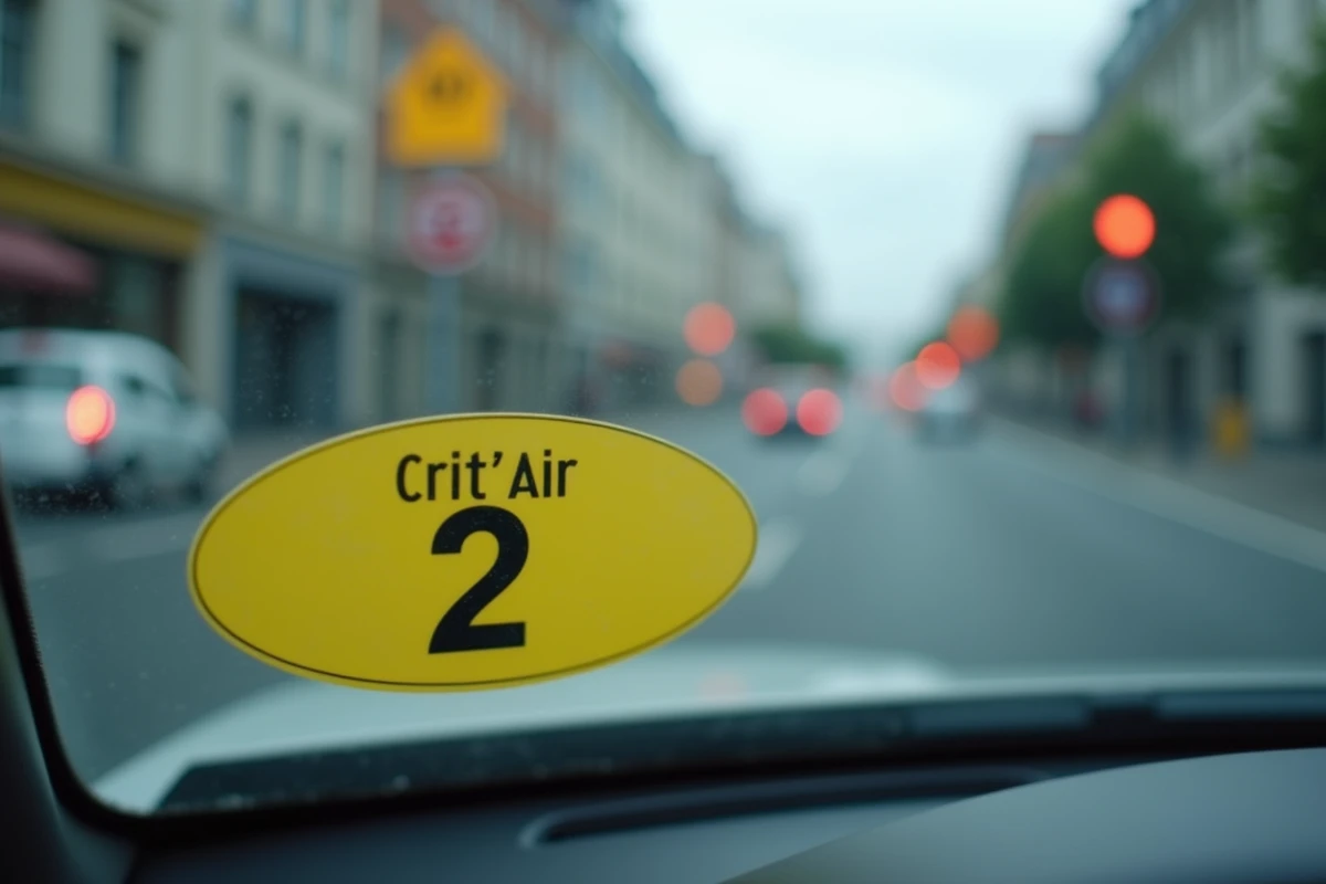Gros plan sur une vignette Crit'Air 2 jaune collée sur le pare-brise d'un véhicule diesel en zone à faibles émissions