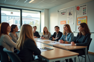 Jeunes adultes écoutant un instructeur en salle de conduite