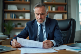 Homme d'affaires en costume examinant des documents