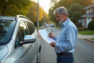 Homme concentré à côté de sa voiture en banlieue