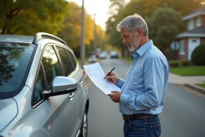 Homme concentré à côté de sa voiture en banlieue