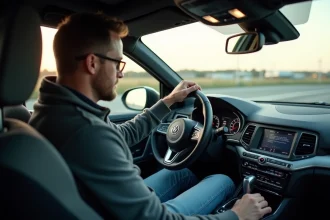 Homme en voiture regardant le tableau de bord