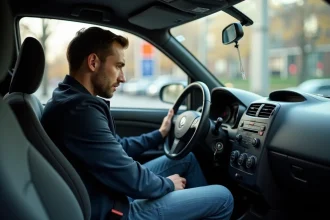 Homme attentif dans une vieille voiture compacte
