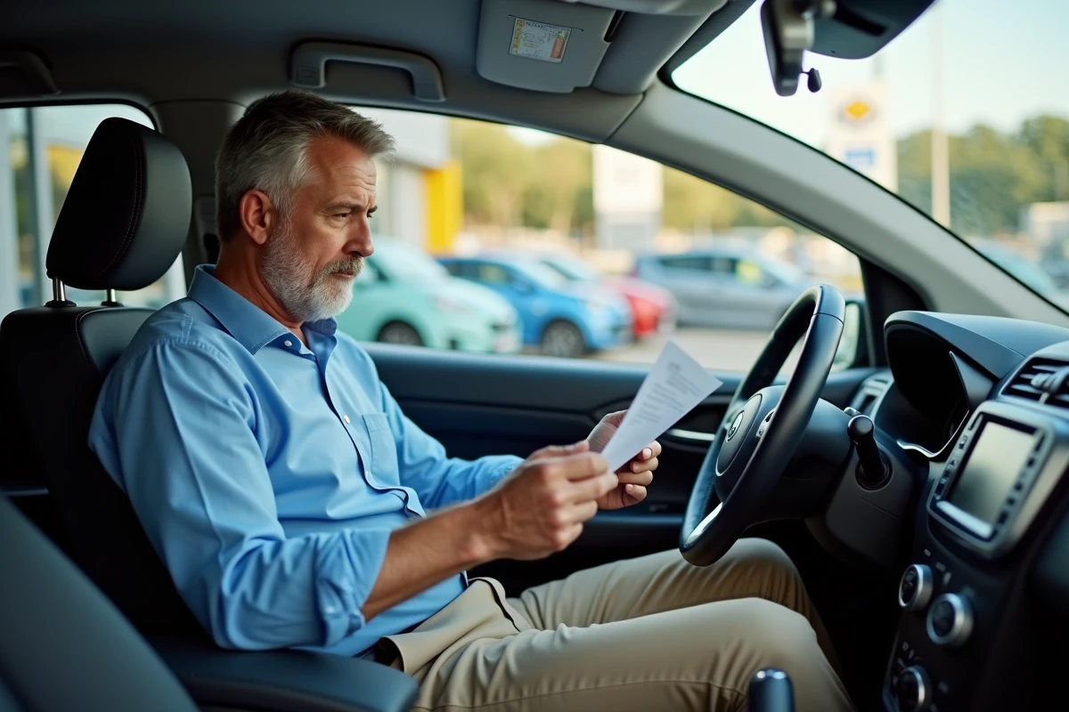 Homme en costume examinant un contrat dans une voiture