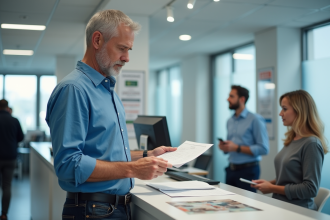 Homme d'âge moyen au comptoir administratif en train de remettre ses documents