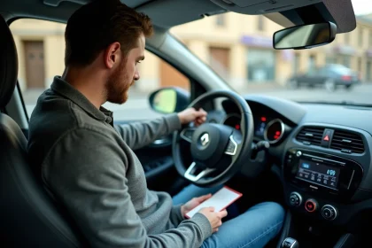 Homme concentré entrant un code dans la radio d'une Renault Clio