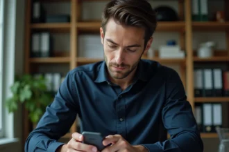 Homme examinant un traceur GPS dans un bureau à domicile, questionnement sur la légalité des détecteurs de trackers
