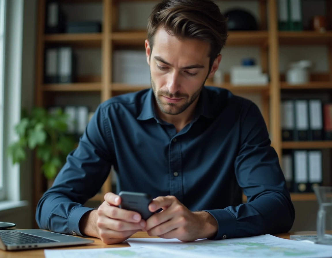 Homme examinant un traceur GPS dans un bureau à domicile, questionnement sur la légalité des détecteurs de trackers