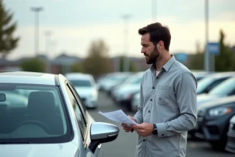 Homme inspectant une voiture d'occasion dans un parking de concessionnaire avec fiche de prix en main