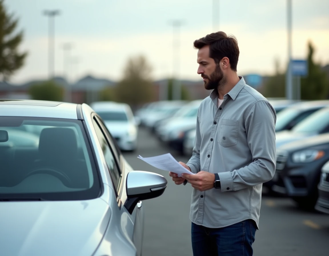 Homme inspectant une voiture d'occasion dans un parking de concessionnaire avec fiche de prix en main