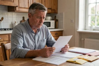Homme stressé lisant une lettre de résiliation d'assurance auto à son domicile