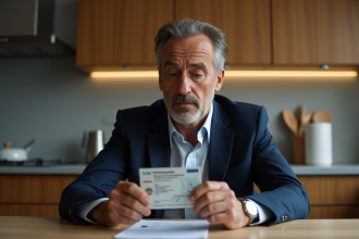 Homme d'âge moyen tenant une licence de conduire dans la cuisine