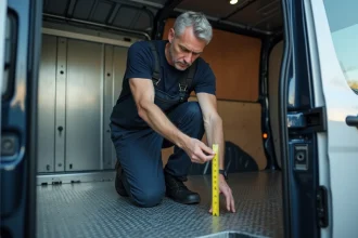 Homme en tenue de travail mesurant un van Trafic intérieur