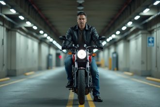 Homme en blouson moto dans un garage moderne sécurisé