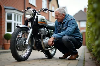 Homme d'âge moyen examine une moto Kawasaki KZ 400 en extérieur