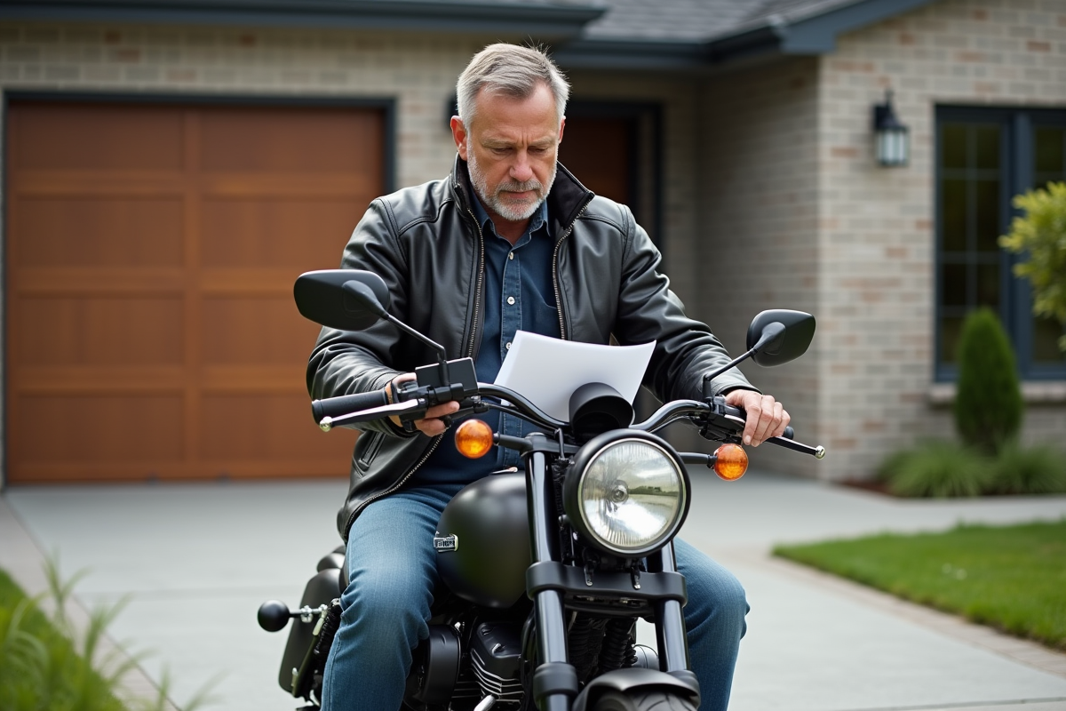 Homme d'âge moyen avec moto en extérieur examinant des papiers